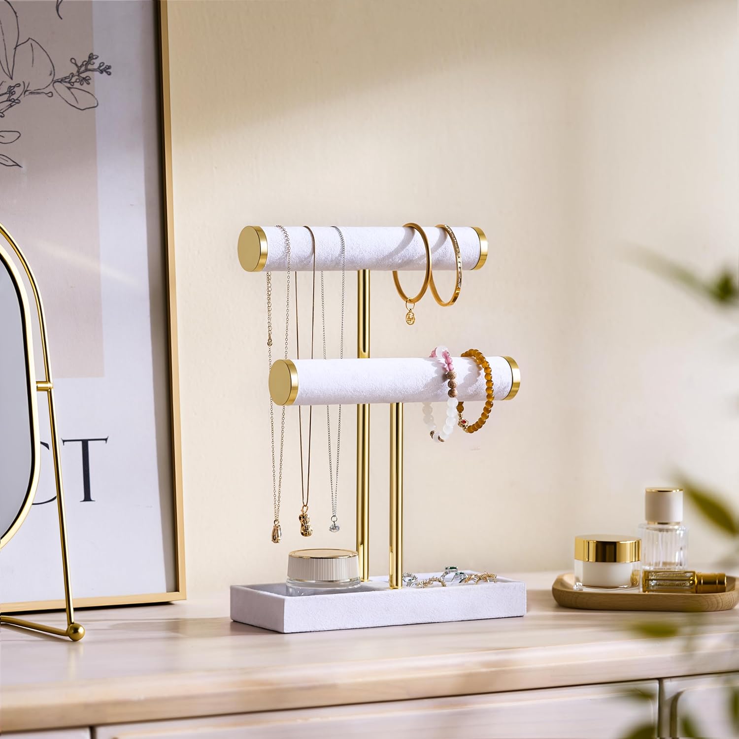 2 Tier Bracelet Holder Display - Detachable T Bar White Velvet Bracelet Holder, Jewelry Holder Organizer for Bracelet, Necklace, Earrings, Rings