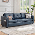 TYBOATLE 88" W Faux Leather Couch w/Side Pockets, Mid-Century Modern Tufted Comfy Leather Couches w/USB and Wider Arms, 3 Seater Sofa for Office, Apartment, Bedroom, Blue