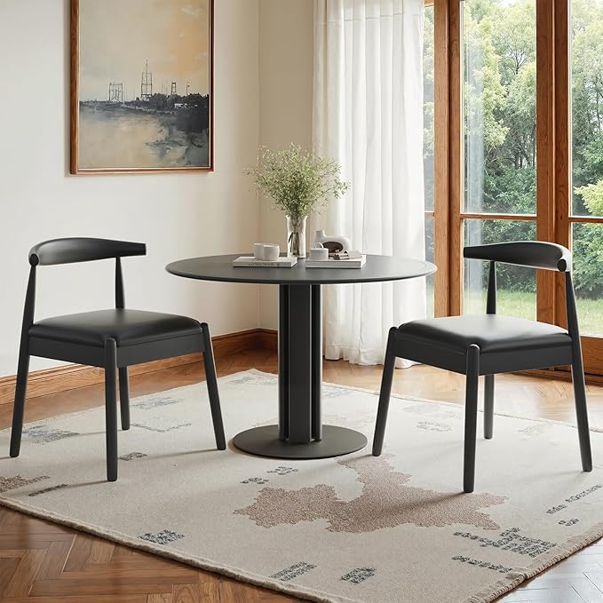 Farini Mid Century Modern Dining Chairs Set of 2, Solid Wood Frame Kitchen Chairs with PU Leather Upholstered Seat for Dining Room & Breakfast Nook,Black-Black