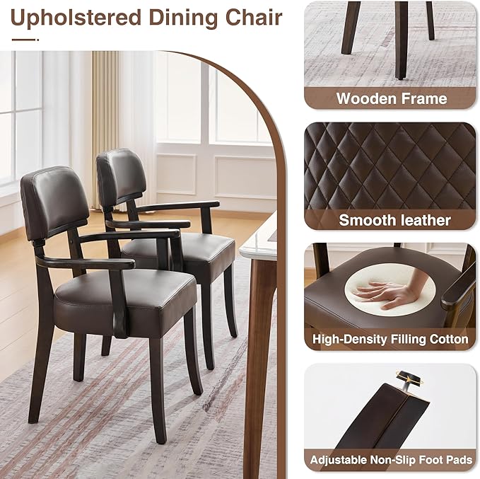 PU Leather Dining Chairs with Arms Set of 6, Upholstered Dining Room Chairs with Hardwood Legs & Open Curved Backrest,Modern Accent Kitchen Chairs 350 LBS Capacity, Brown