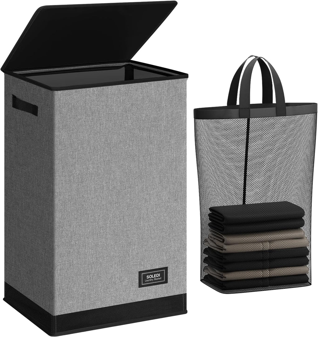 SOLEDI Laundry Hamper with Lid 90L Large & Tall Collapsible Laundry Basket, Clothes Hamper with Bag Removable Easy to Carry, Dirty Hampers for Bedroom, Bathroom, Dorm, College, Grey