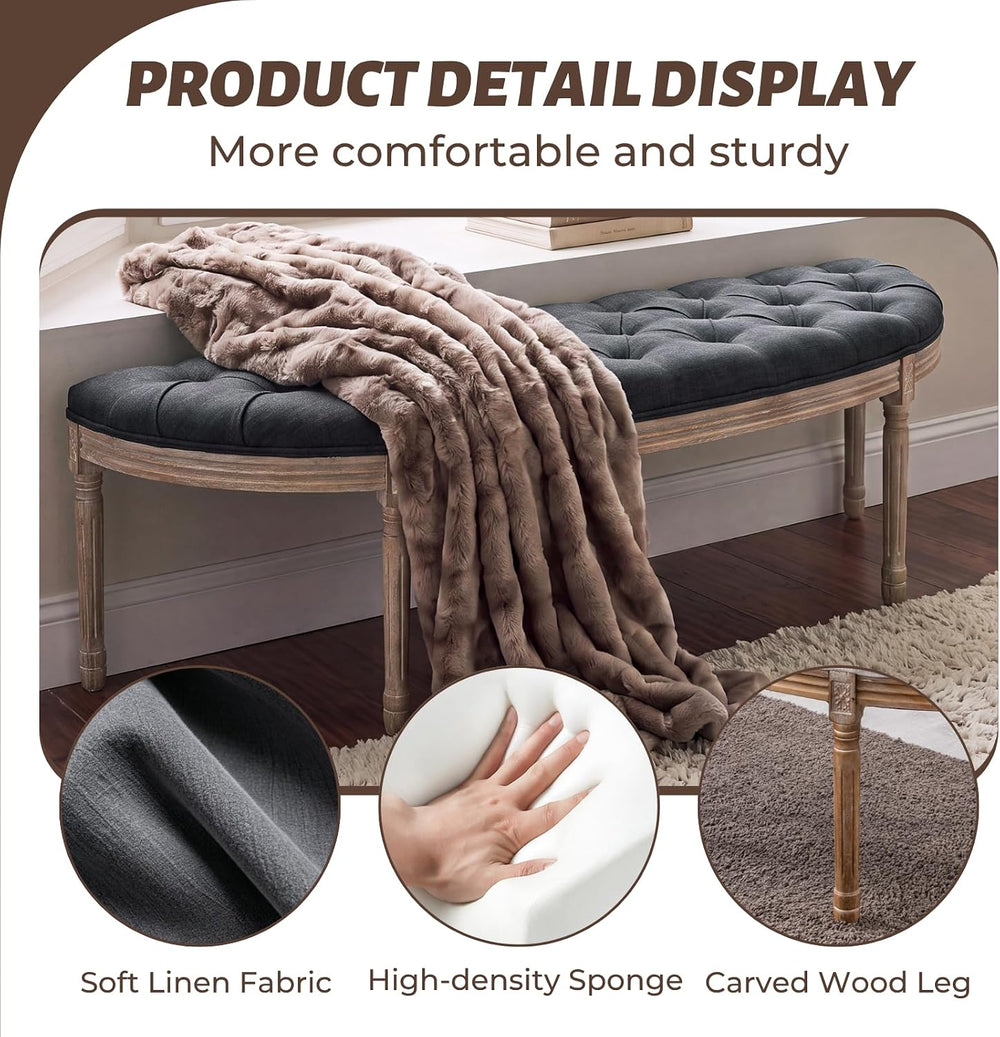chairus 55" Button Tufted Semi-Circle Dining Bench Linen Halfmoon Entryw...