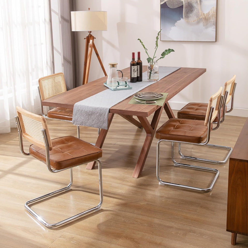 Zesthouse Natural Rattan Dining Chairs Set of 2, Mid Century Modern Dining Room Chairs with Chrome Leg, Faux Leather Kitchen Chair with Solid Wood Back & Cane Mesh, Breuer Cesca Design Inspired, Brown