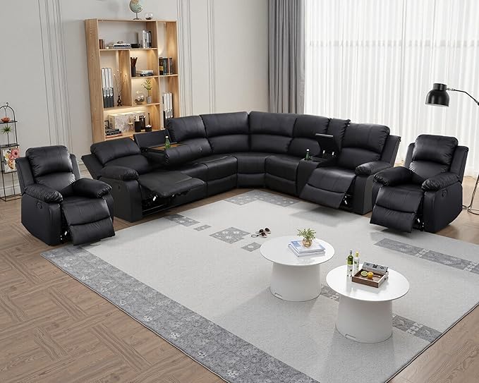 Manual Recliner Sectional Sofa Set, Bonded Leather L-Shaped Living Room Furniture Sets, Reclining Sectional Corner Couch and 2 Reclining Chairs Set for Home Office (Black, Sectional + 2 Chairs)