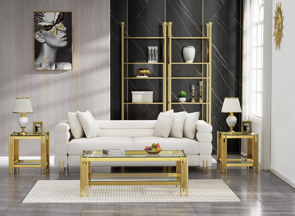 48-Inch Modern Rectangular Glass Coffee Table with Gold Stainless Steel Pipe ...