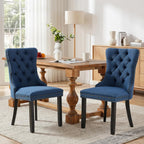 SoarFlash Linen Fabric Dining Chair Set of 2, Upholstered Tufted Dining Room Chair with Nailhead Trim and Solid Light Color Wood Leg for Kitchen (Blue)
