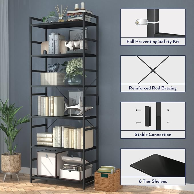 NUMENN 6 Tier Bookshelf, Tall Bookcase Shelf Storage Organizer, Modern Book S...