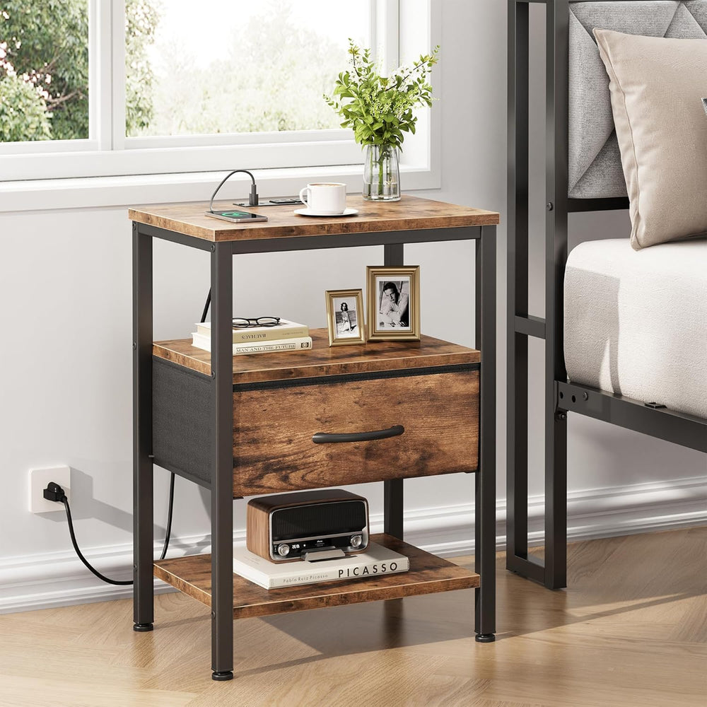 DUMOS Bedside Table with Charging Station and an Adjustable Fabric Drawer, an...