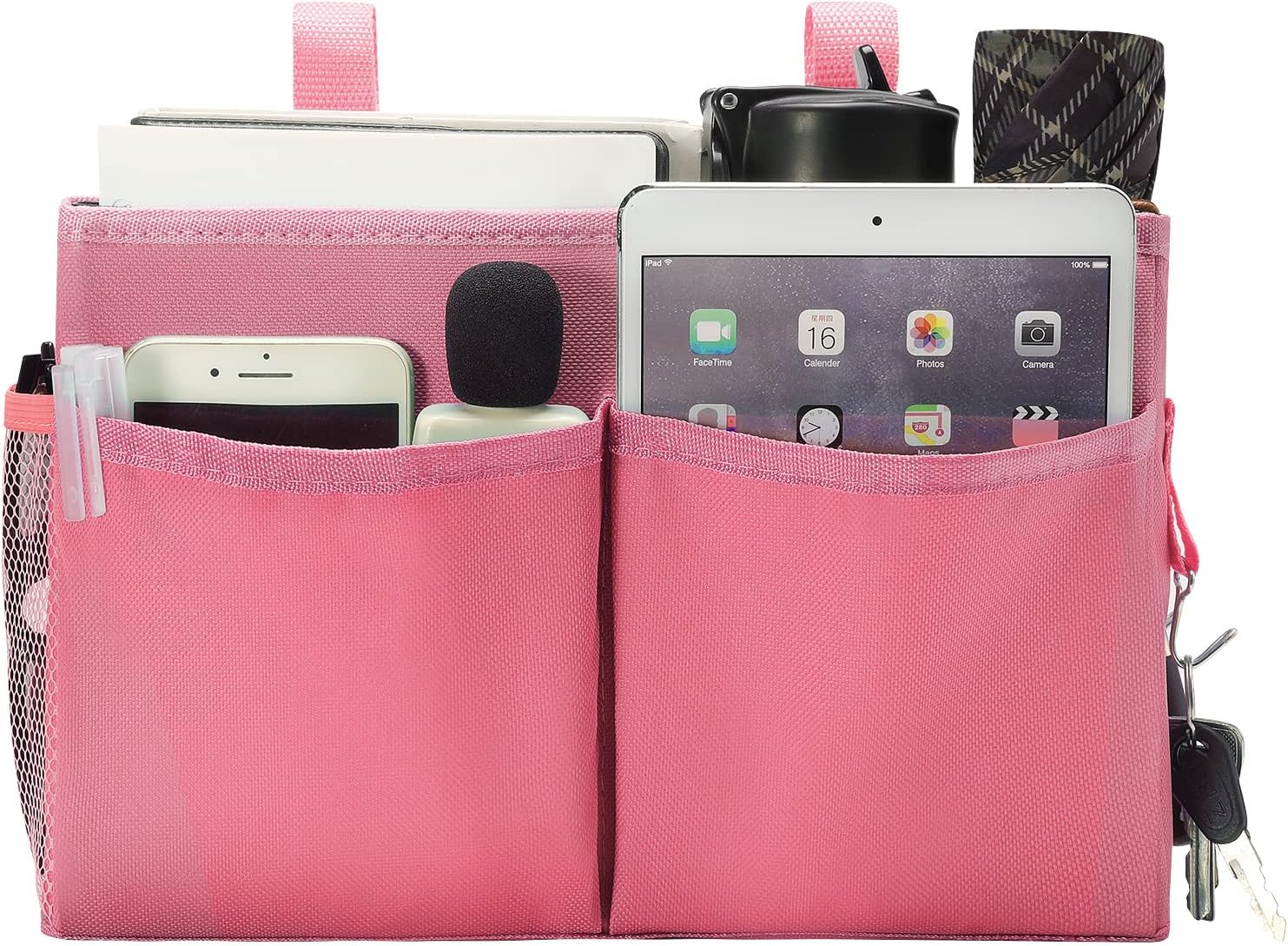 Bseash Bunk Bed Organizer, Bedside Caddy Hanging Bed Organizer Storage Bag with 4 Pockets and 2 Hooks, for College Dorm Rooms Bed, Hospital Bed, Baby Bed Rails, 600D Oxford Cloth (Pink)