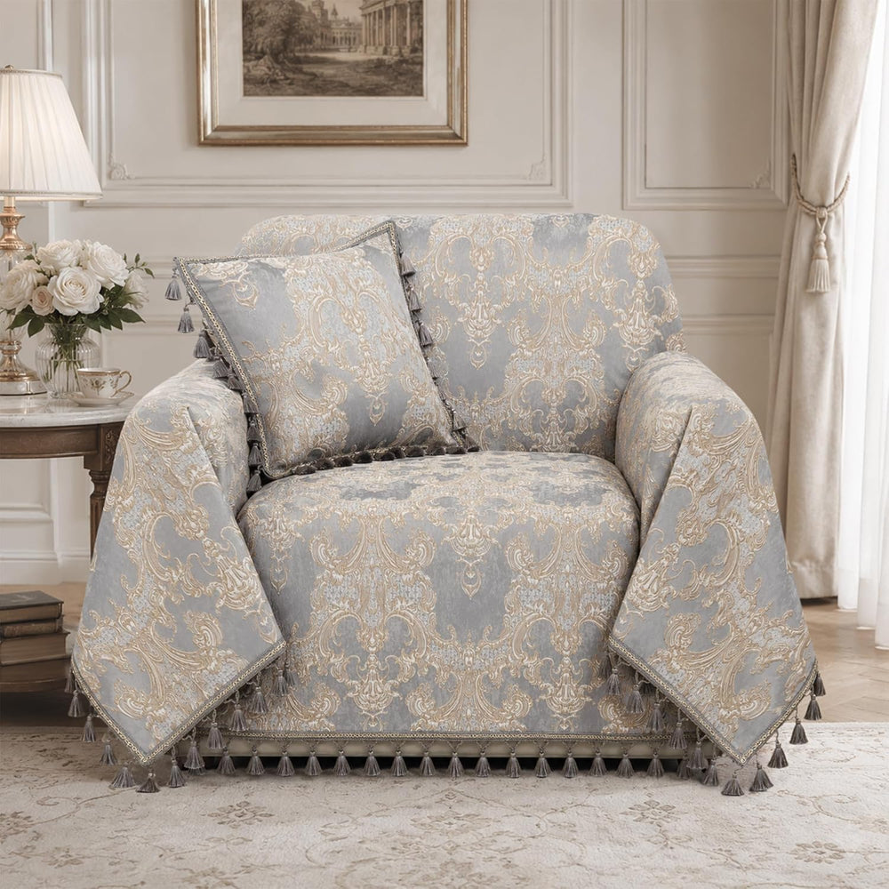 Loom and Mill Classic Grey Jacquard Armchair Cover for Recliner, 71x91 Inch