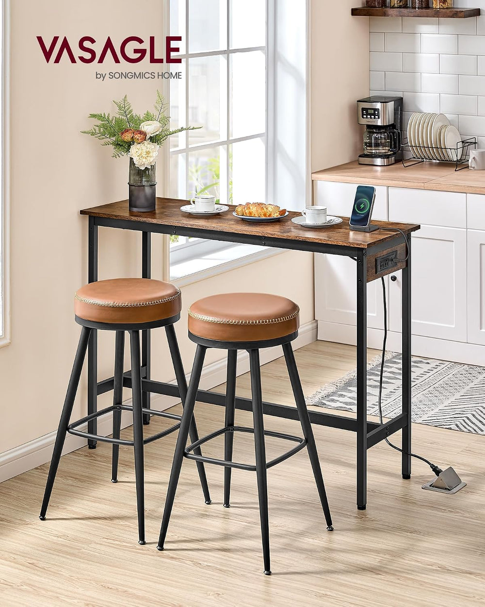 VASAGLE Bar Table with Power Outlets, Computer Desk, 47.2" W | Stable Me...