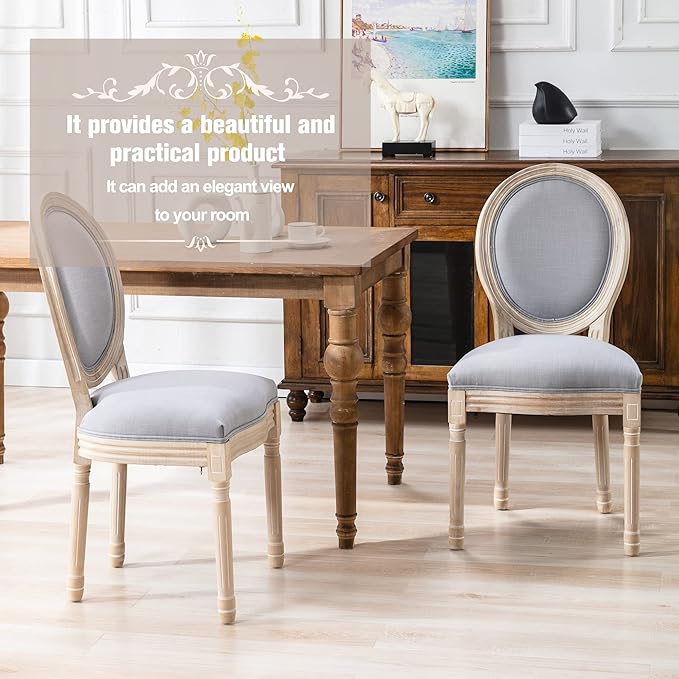 Nrizc French Country Dining Chairs Set of 2, Farmhouse Dining Chairs, Vintage Dining Chair with Round Back, Mid Century Dining Chair, Wood Grey Fabric Chair, for Kitchen, Bedroom, Restaurant