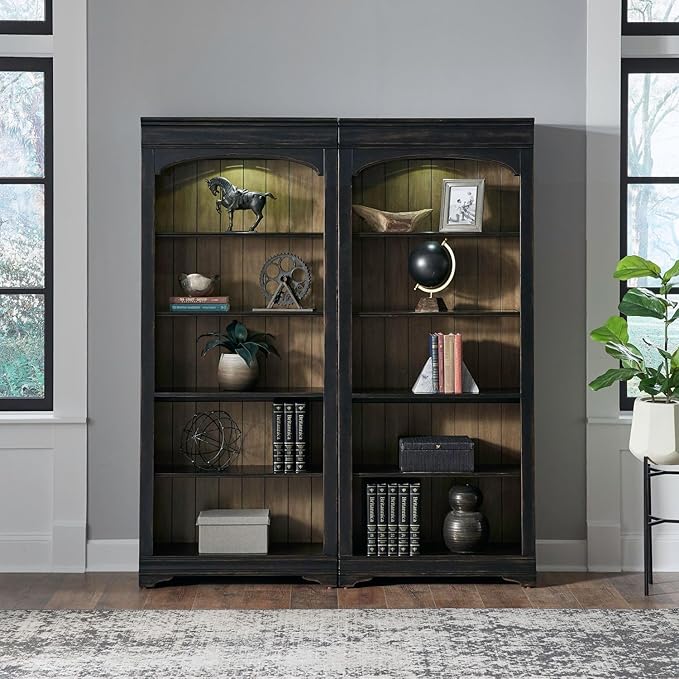 Liberty Furniture Meritage 2 Piece Bunching Bookcase Set for Home Office Touch LED Light- Aged Charcoal w/Rub Thru & Caramel