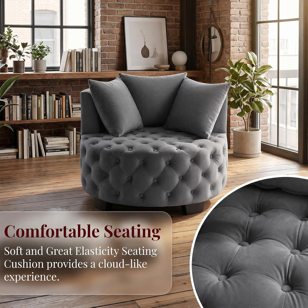 Upholstered Tufted Accent Barrel Chair with 3 Pillows, Contemporary Round Lou...