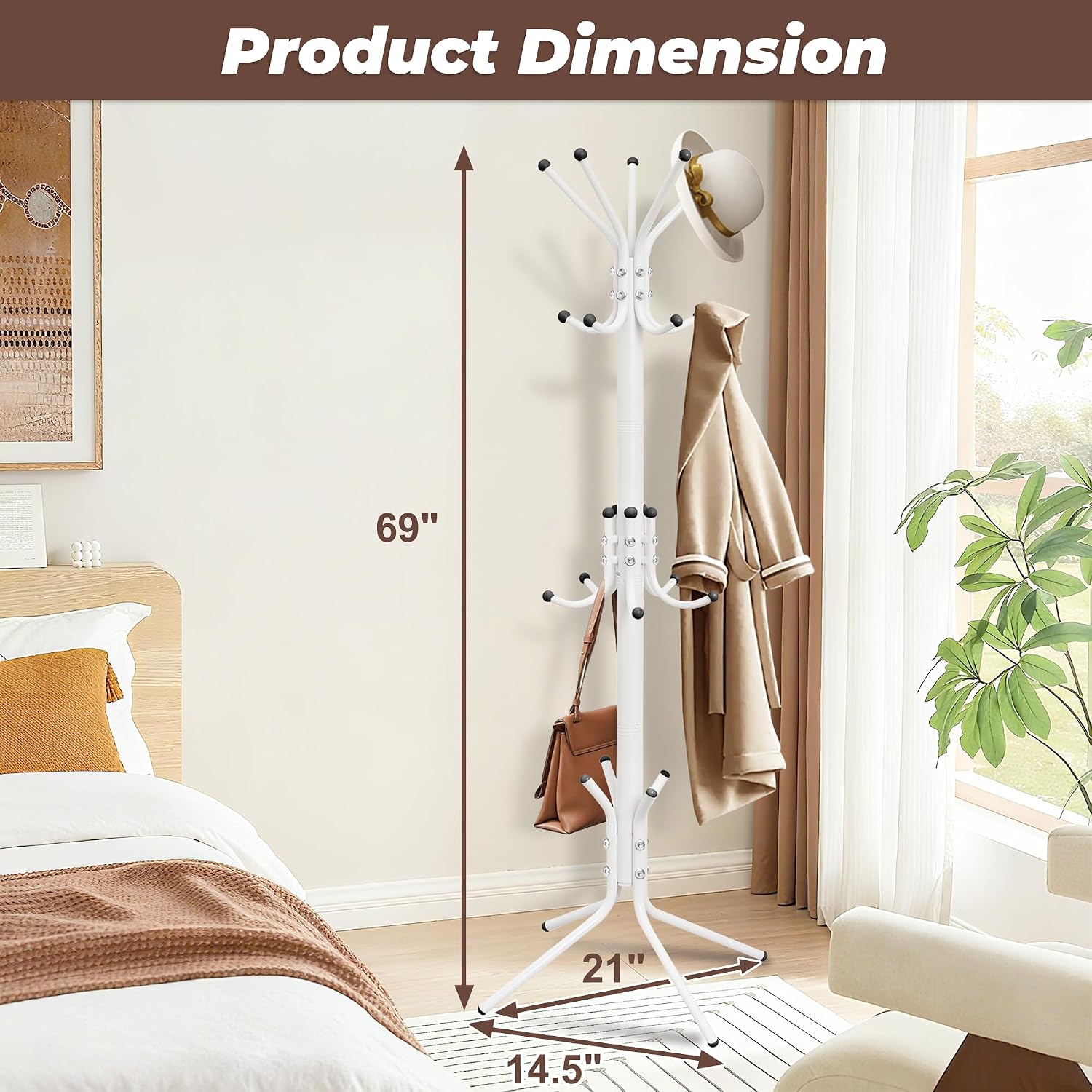 Metal Coat Rack, Freestanding Coat Tree & Hall Tree with 15 Hooks, Sturdy Coat Rack Stand and Hat Rack, Coat Hanger for Entryway, Bedroom, Office for Jackets, Hats, Bags,White