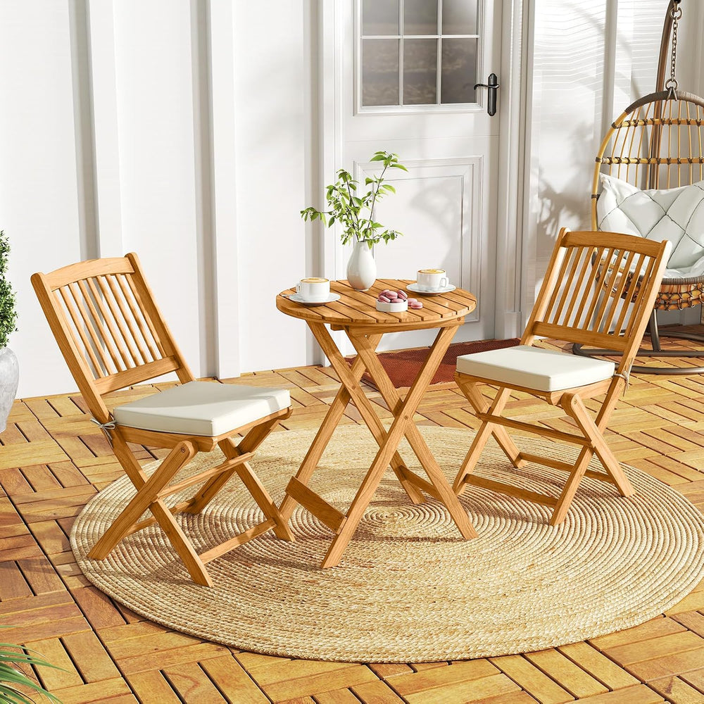 Tangkula 3 Pieces Acacia Wood Patio Folding Bistro Set, Outdoor Table and Cha...