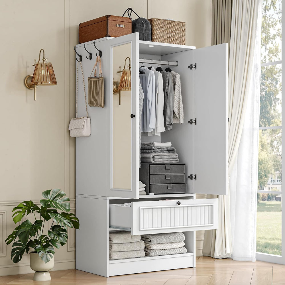 iPormis Wood Armoire Wardrobe Closet with Mirror Door and Drawer, 2 Doors Bed...