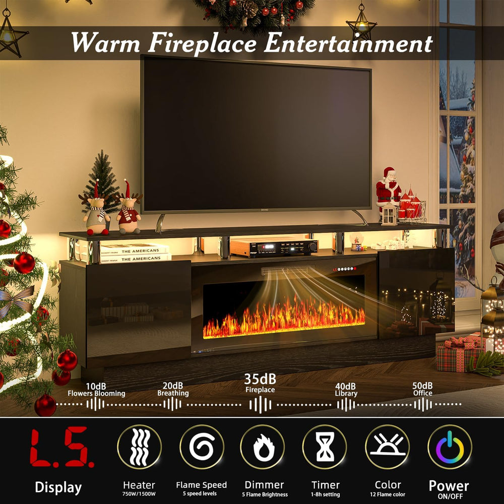 70" Fireplace TV Stand, Entertainment Center with 8 Stainless Steel, Bla...
