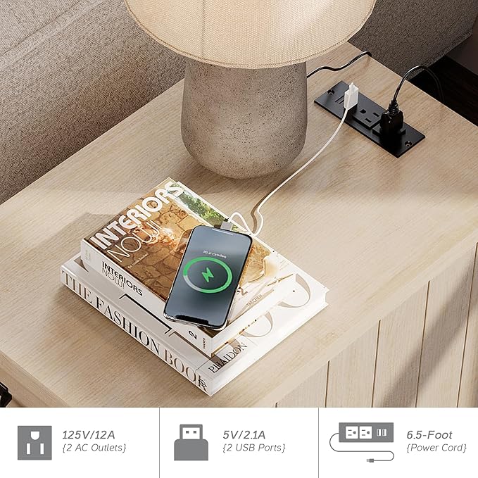 WAMPAT Beige End Table with Charging Station, Wooden Side Table with Storage ...