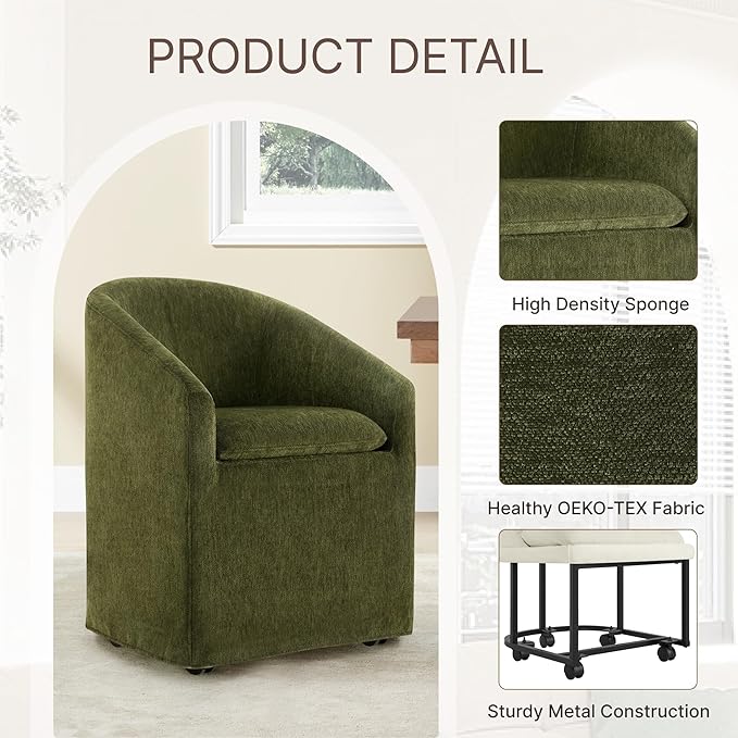 Upholstered Dining Chairs with Casters, Washable Cover Modern Dining Room Chairs with Barrel Backrest & Dual Armrest for Kitchen, Living Room, Bedroom, Green Fabric, 2PCS