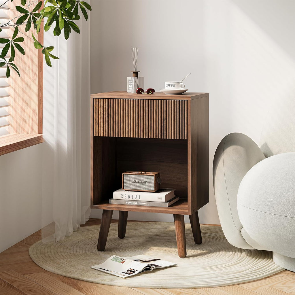 Nightstand, Modern Bedside Table with Storage Drawers and Open Wood Shelf, Night Stand with Solid Wood Legs, End Tables Side Tables for Living Room, Bedroom Walnut