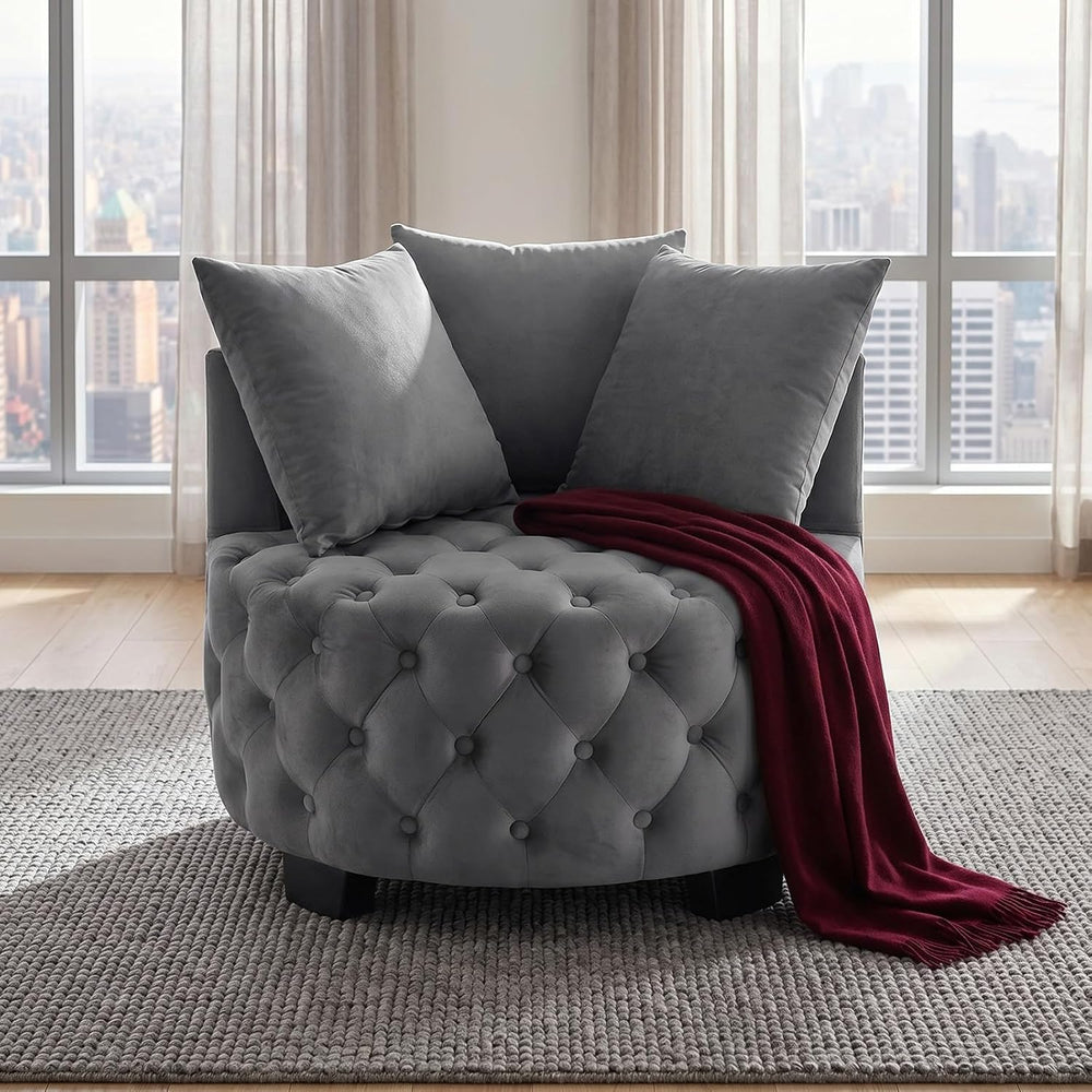 Upholstered Tufted Accent Barrel Chair with 3 Pillows, Contemporary Round Lou...