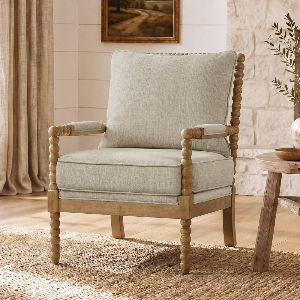 Morden Fort Linen Fabric Spindle Accent Chair with Wood Frame, French Style A...