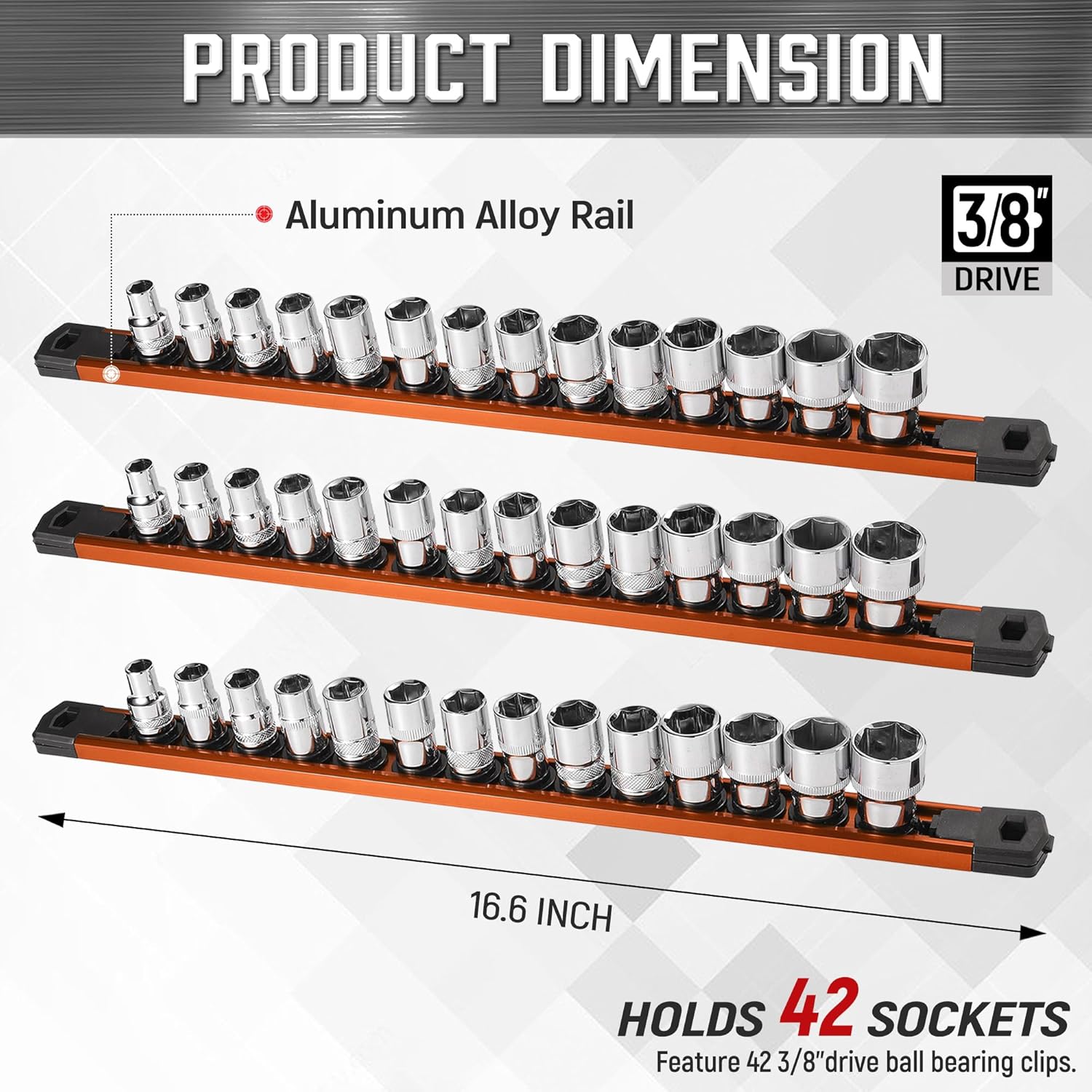 ALOANES 3-Piece Magnetic Socket Organizer, Heavy Duty Aluminum Socket Rails Organizer, 360° Swivel Clips Socket Holder Kit for Tool Box, 3/8-Inch Socket Holder x 42 Clips (Orange)