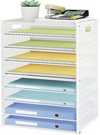 SUBEKYU 9 Tier Paper Letter Tray Desk Organizer with Handles - White Metal Mesh File Holder Paper Sorter Desk Organizer for Office Home School, Include 6 Pcs Adjustable Slid Tray, 6 Colors Available