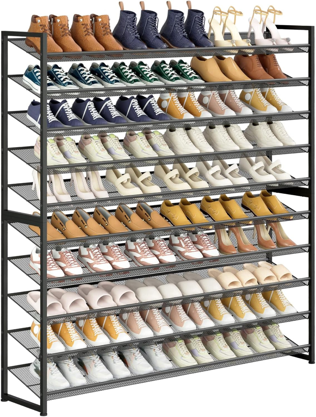 Large Shoe Rack 10 Tier Shoe Organizer, Heavy Duty Metal 5-Tier Stackable Shoe Storage Vertical Shoe Rack for Closet Front Door Entrance, Up to 62 Pairs, 44.8" W x 11.4" D x 71.2" H, Black