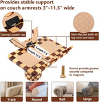 Checkered Rubber Wood Couch Arm Tray, Sofa Armrest Tray with Rotating Cup Holder & Phone Stand, Large Clip-on Sofa Side Table Furniture for Drinks & Remote, 15.36"x9.85", Gift Box