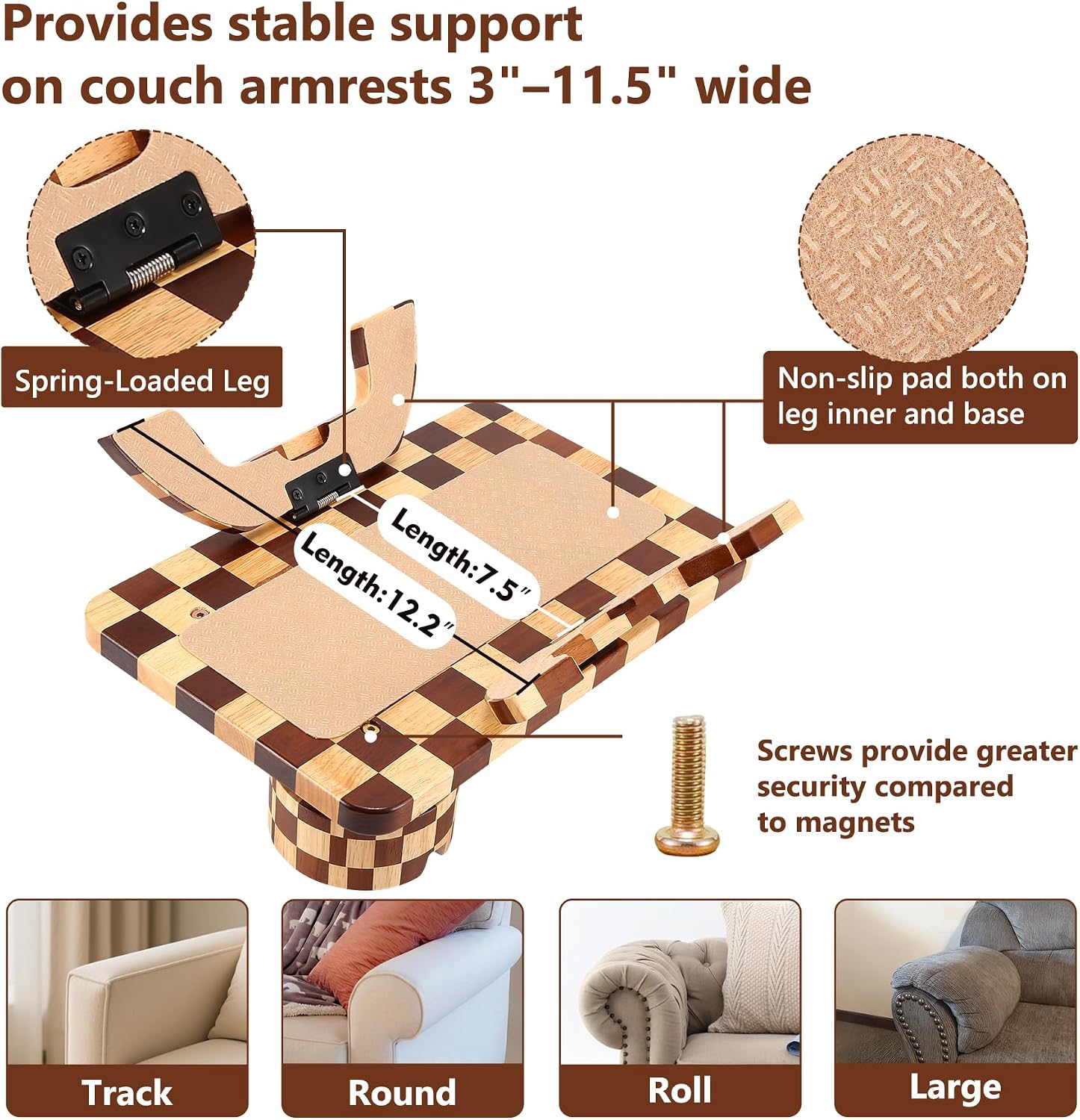 Checkered Rubber Wood Couch Arm Tray, Sofa Armrest Tray with Rotating Cup Holder & Phone Stand, Large Clip-on Sofa Side Table Furniture for Drinks & Remote, 15.36"x9.85", Gift Box