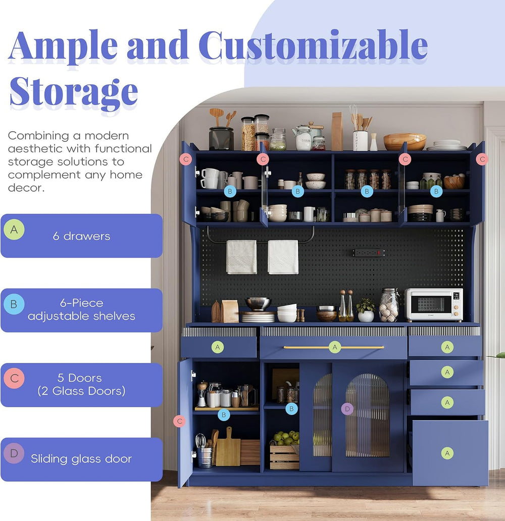 SOFTSEA Tall Kitchen Pantry with Hutch and 6 Drawers, Large Coffee Bar Storag...