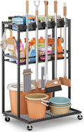 Broom Holder with Cleaning Supplies Organizer, Broom Closet Storage Cabinet with Mop Hanger Gripper Rack Hooks, Cleaning Housekeeping Janitorial Cart with Cleaning Caddy, Laundry Room Organization