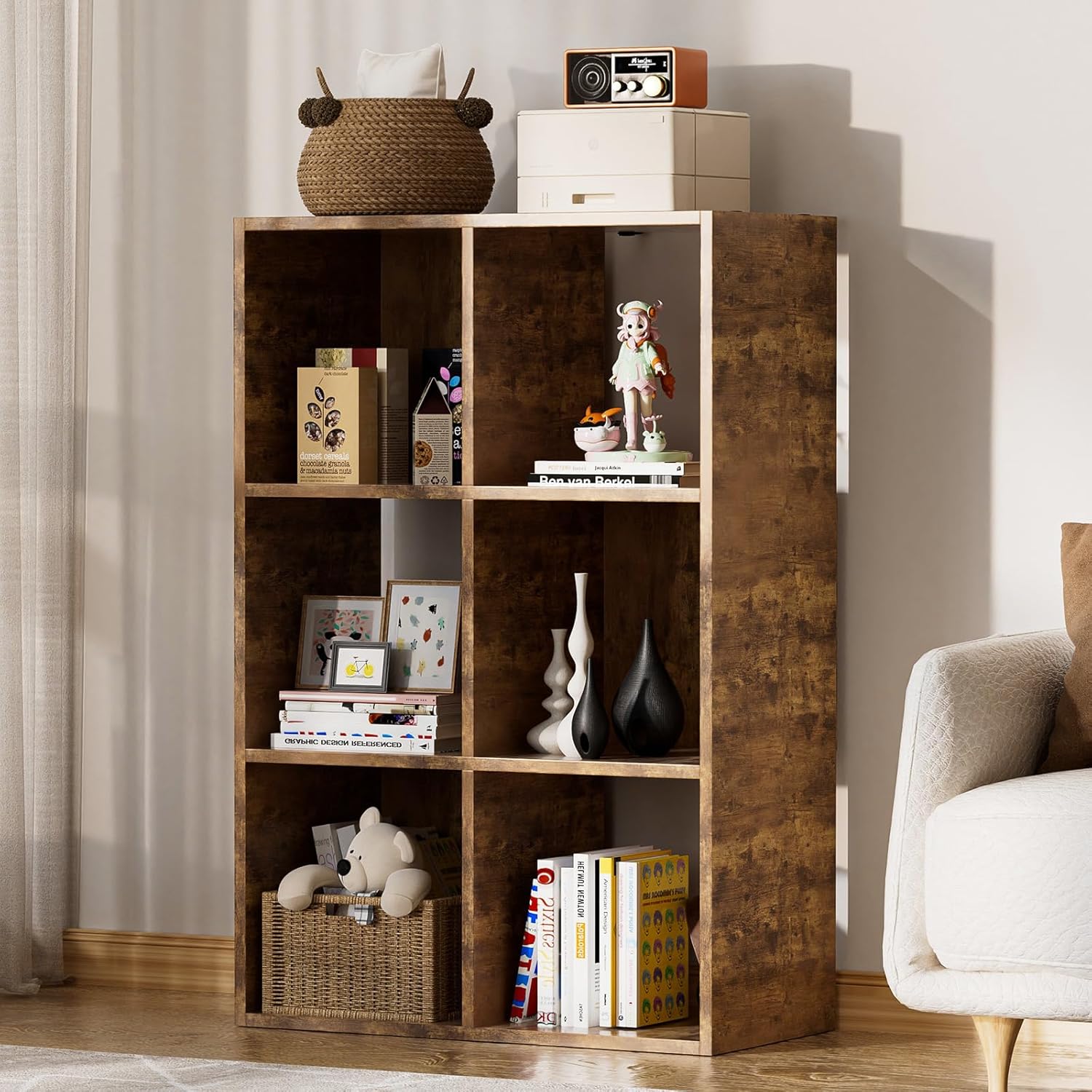 COMHOMA 6 Wood Cube Storage Organizer with Open Back and Removable Back Panels, 11In Brown Cube Storage Bookshelf, Cubicle Shelf Bookcase for Home Office Bedroom Living Room, Vertical or Horizontal