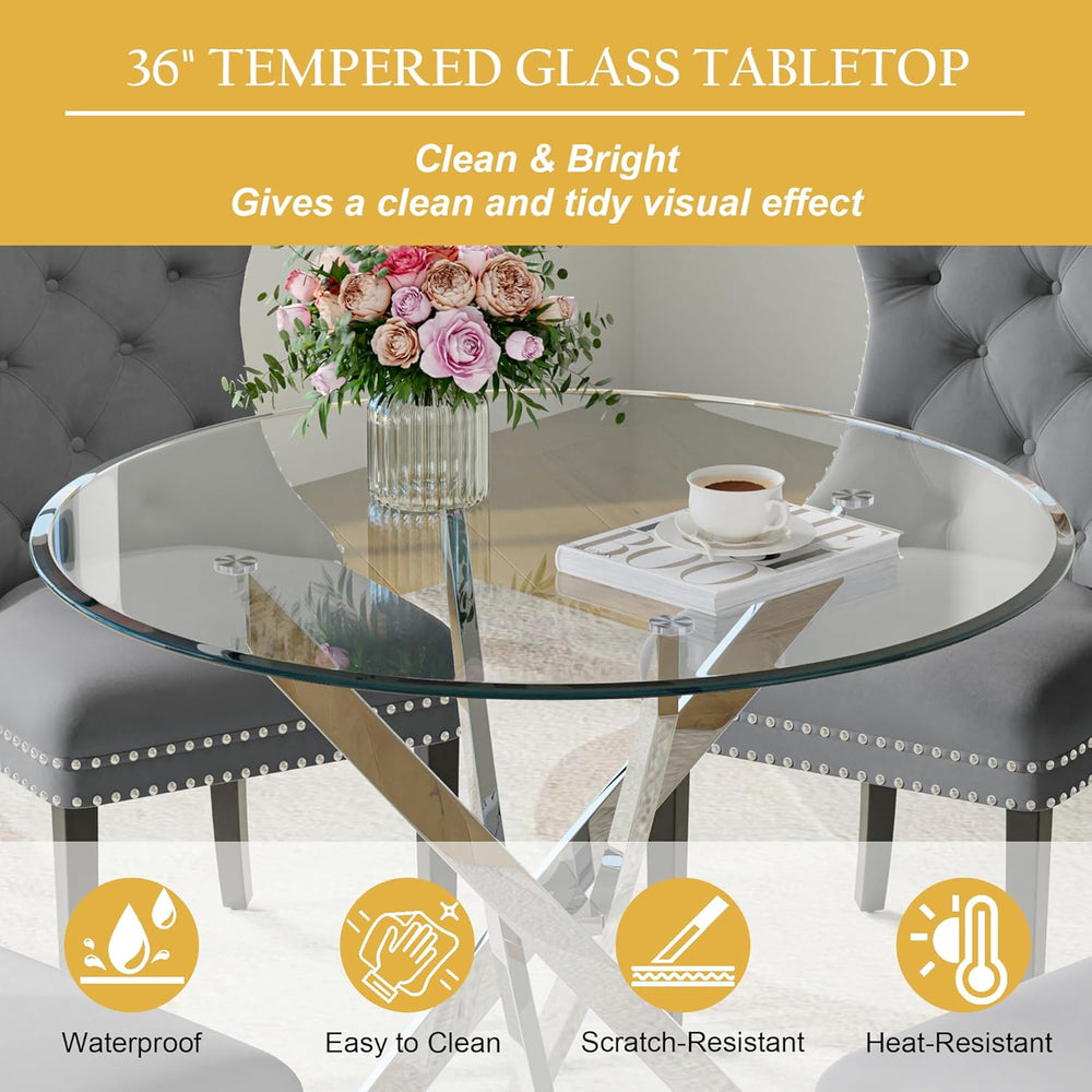Round Glass Dining Table Set for 4, Modern 36 Inch Glass Kitchen Table with S...