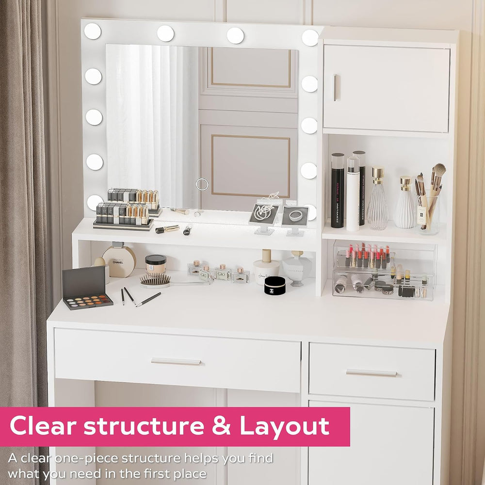 MIRROTOWEL Vanity Desk with Mirror and LED Light Strip,Dressing Table with La...