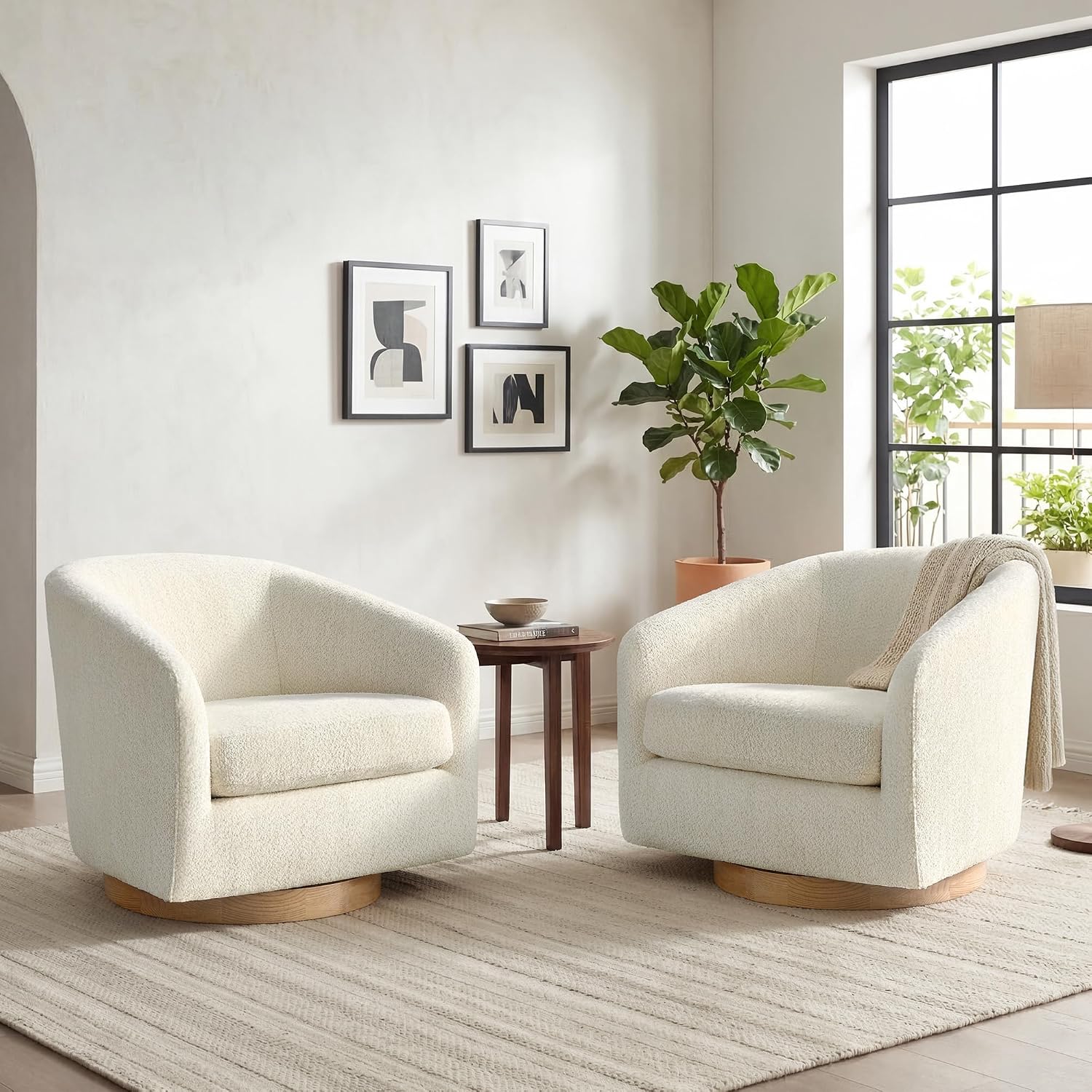 CHITA Swivel Accent Chair Set of 2, FSC Wood Frame, Fully Assembled, Cream | Fabric Barrel Arm Chair with 360° Swivel Solid Wood Base, Mid Century Modern Living Room Chair, 31"x31"x28", 350 Lb Capacity