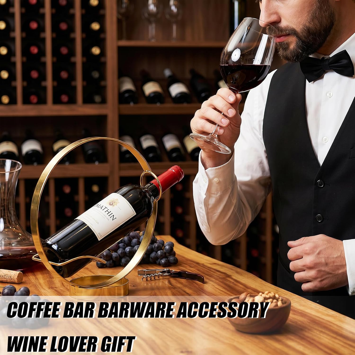 Yesland Gold Wine Bottle Holder - Metal Single Bottle Tabletop Wine Rack Stand, Freestanding Countertop Display for Kitchen Bar Decor, Wine Lover Gift