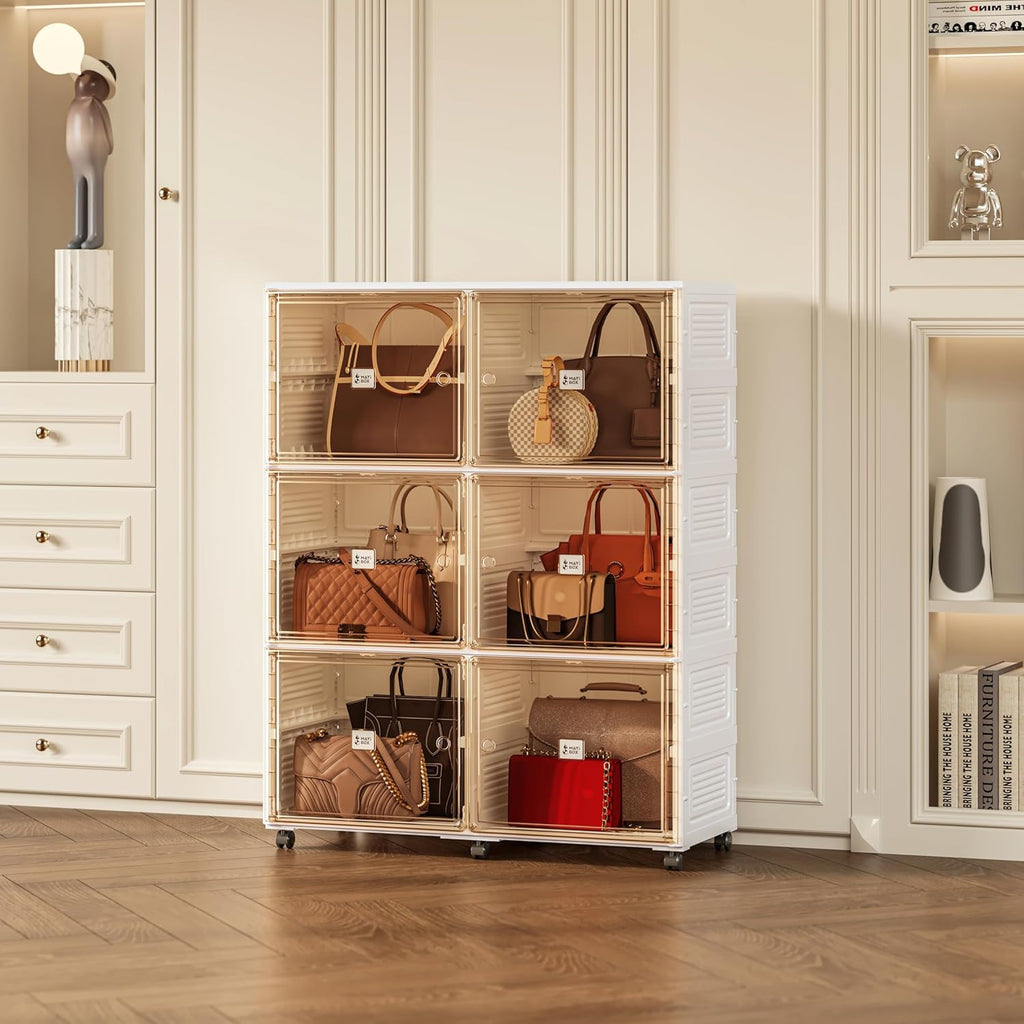 6 Cubbies Handbag Storage Organizer for Closet, Purse Organizer Cabinet with Magnetic Doors & Wheels, Foldable One-Piece Transparent Storage Box for Bags, Boots, Clothes, Toys, Books