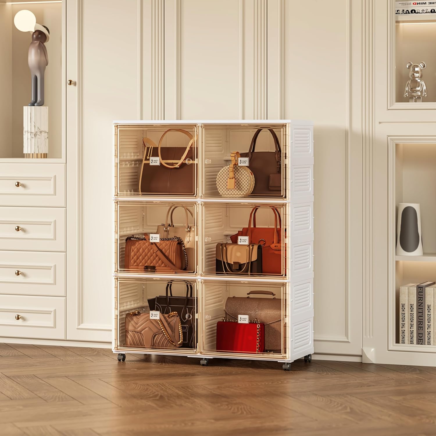 6 Cubbies Handbag Storage Organizer for Closet, Purse Organizer Cabinet with Magnetic Doors & Wheels, Foldable One-Piece Transparent Storage Box for Bags, Boots, Clothes, Toys, Books
