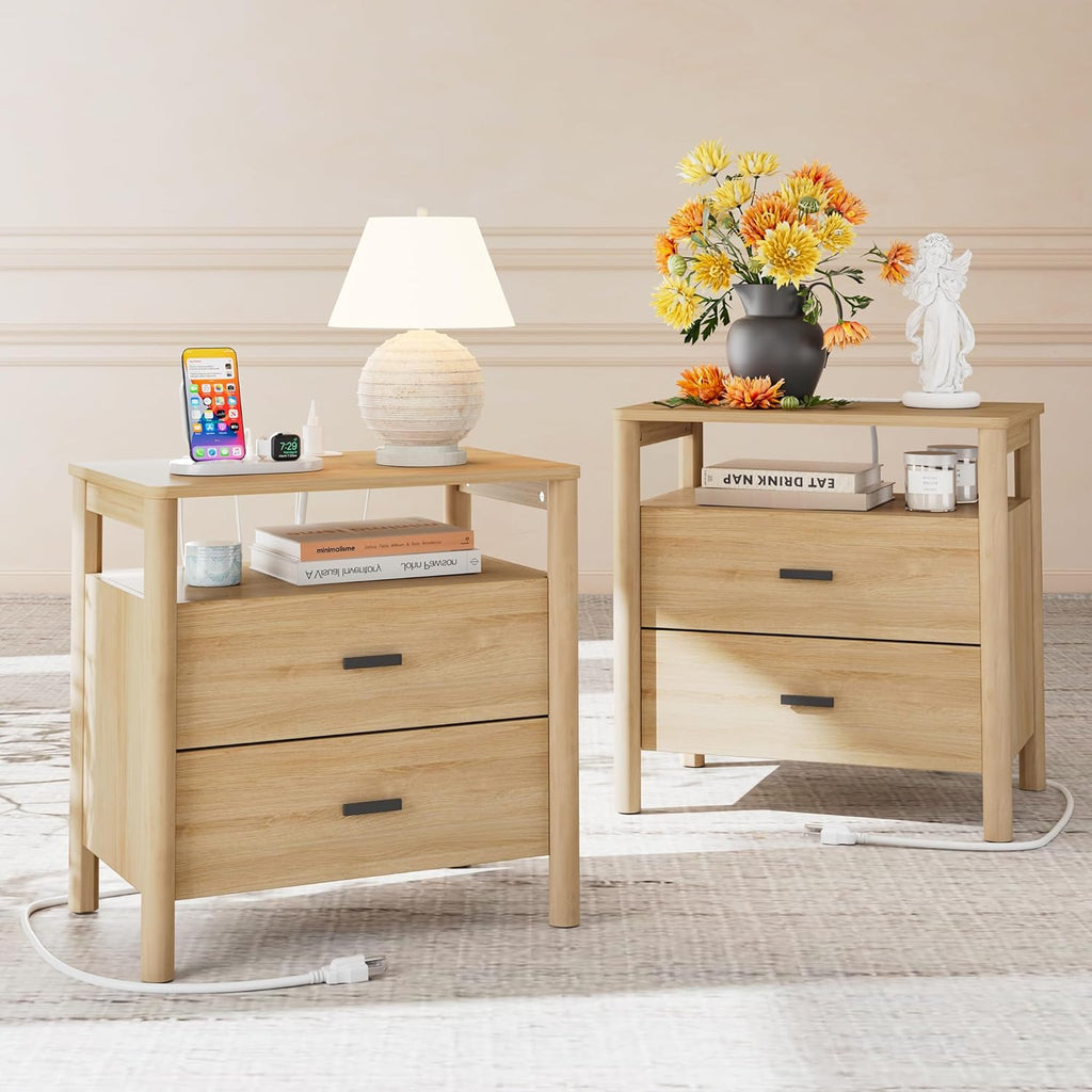 Night Stand Set of 2 with Charging Station, 24" Large Modern Side Table with Solid Round Post Legs, 2 Drawers End Table with Open Shelf, Nightstand for Bedroom, Natural Oak