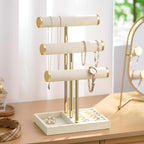 Bracelet Holder Jewelry Organizer Display - 3 Tier T Bar Velvet Stand, Beige Jewelry Storage for Bracelet, Necklaces, Watches