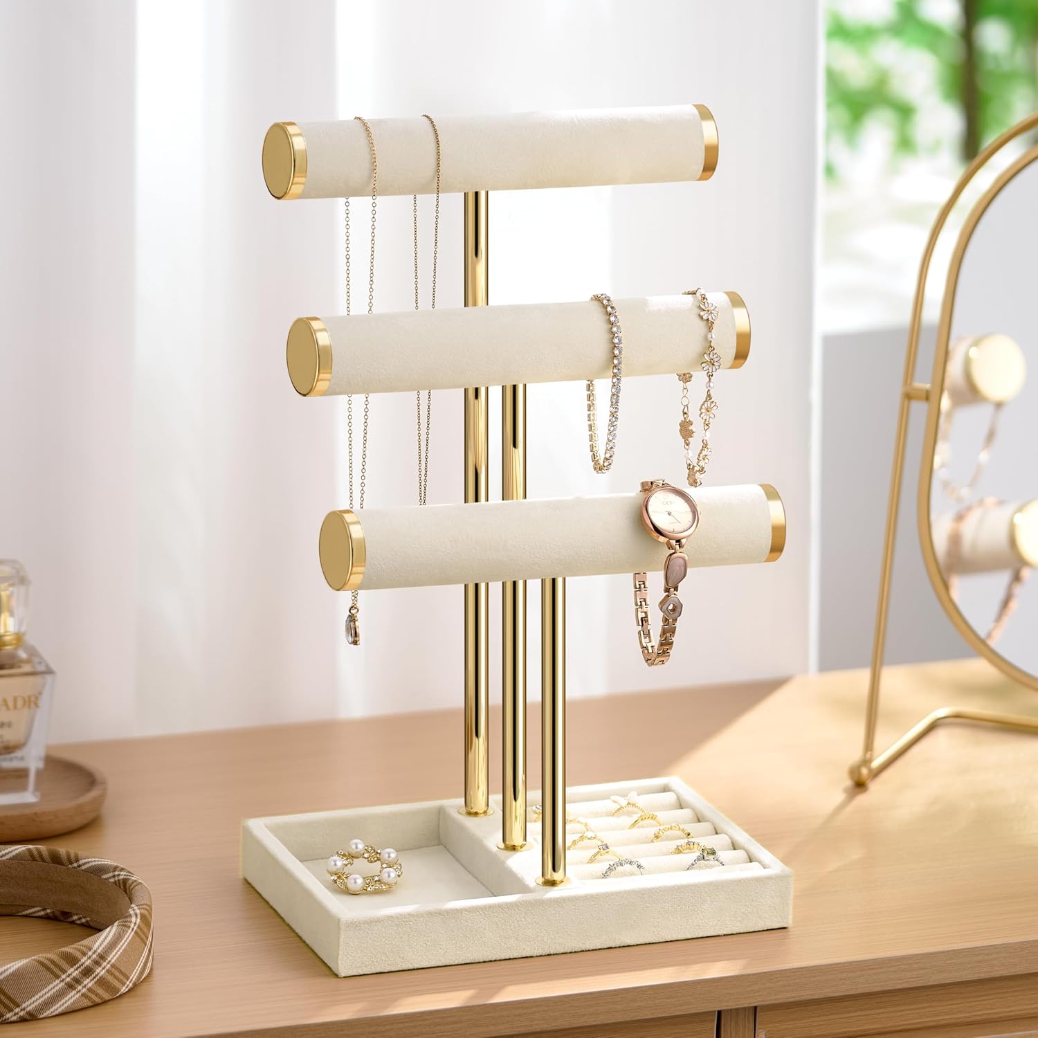 Bracelet Holder Jewelry Organizer Display - 3 Tier T Bar Velvet Stand, Beige Jewelry Storage for Bracelet, Necklaces, Watches