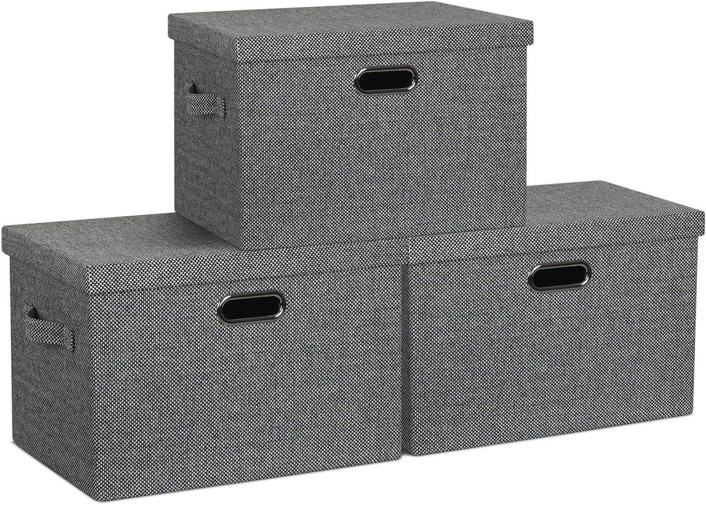 Large 17" 36 Quart Collapsible Stackable Storage Bins with Lids, 3 Packs Black and White Mix Linen Fabric Closet Boxes with Lids, Storage Cube Baskets Container Organizers (17x12x11)