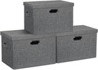 Large 17" 36 Quart Collapsible Stackable Storage Bins with Lids, 3 Packs Black and White Mix Linen Fabric Closet Boxes with Lids, Storage Cube Baskets Container Organizers (17x12x11)