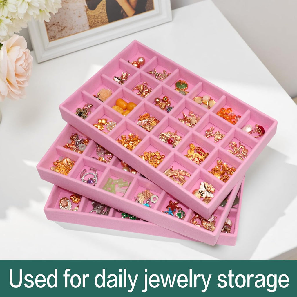 24-Grid Stackable Jewelry Organizer Tray Velvet Jewelry Storage Holder for Drawer Inserts Jewellery Display Box Case for Women Earring Rings Stud Necklaces (Set of 8, Pink