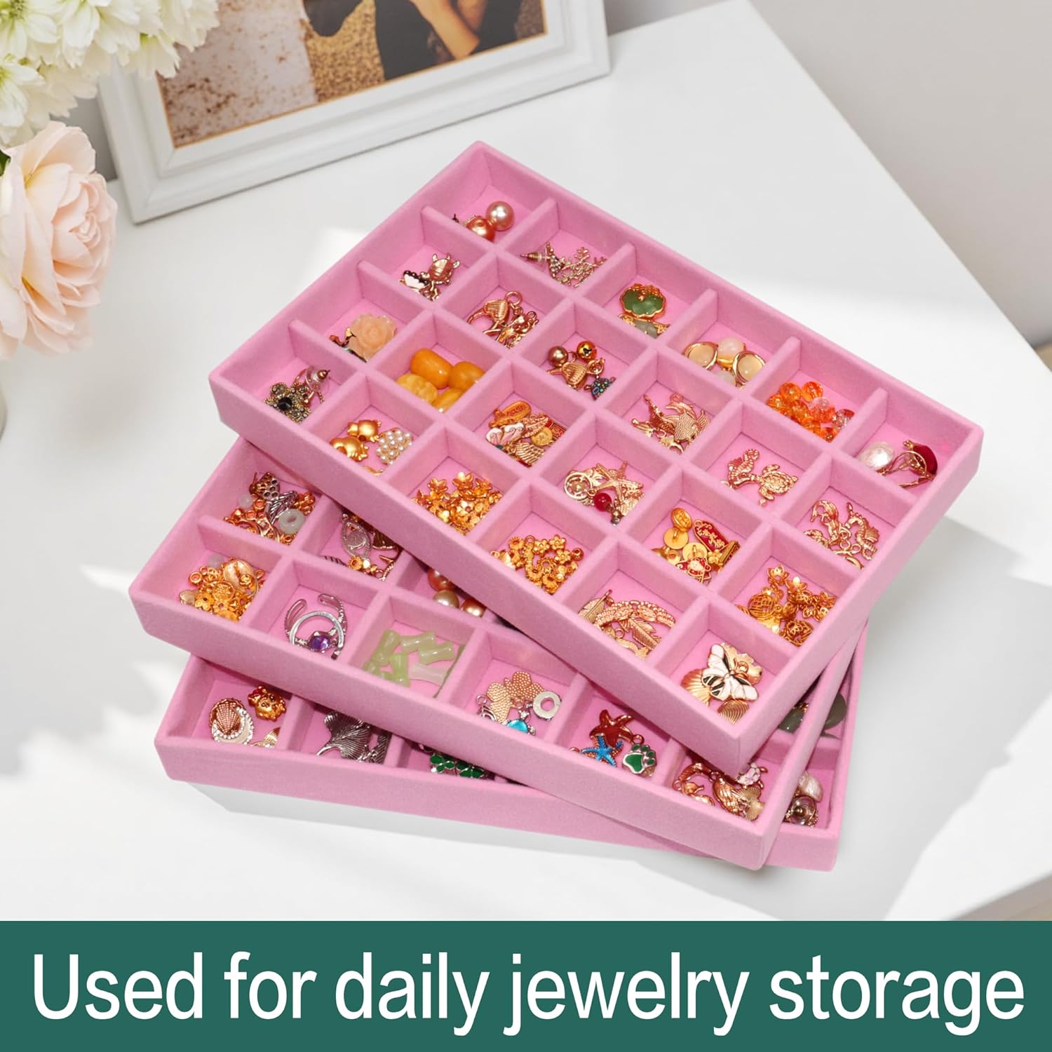 24-Grid Stackable Jewelry Organizer Tray Velvet Jewelry Storage Holder for Drawer Inserts Jewellery Display Box Case for Women Earring Rings Stud Necklaces (Set of 8, Pink