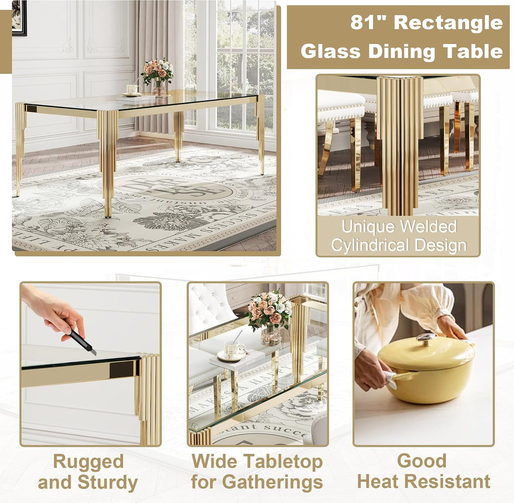 Rectangle Glass Dining Table, 81" Clear Tempered Glass Desktop with Gold...