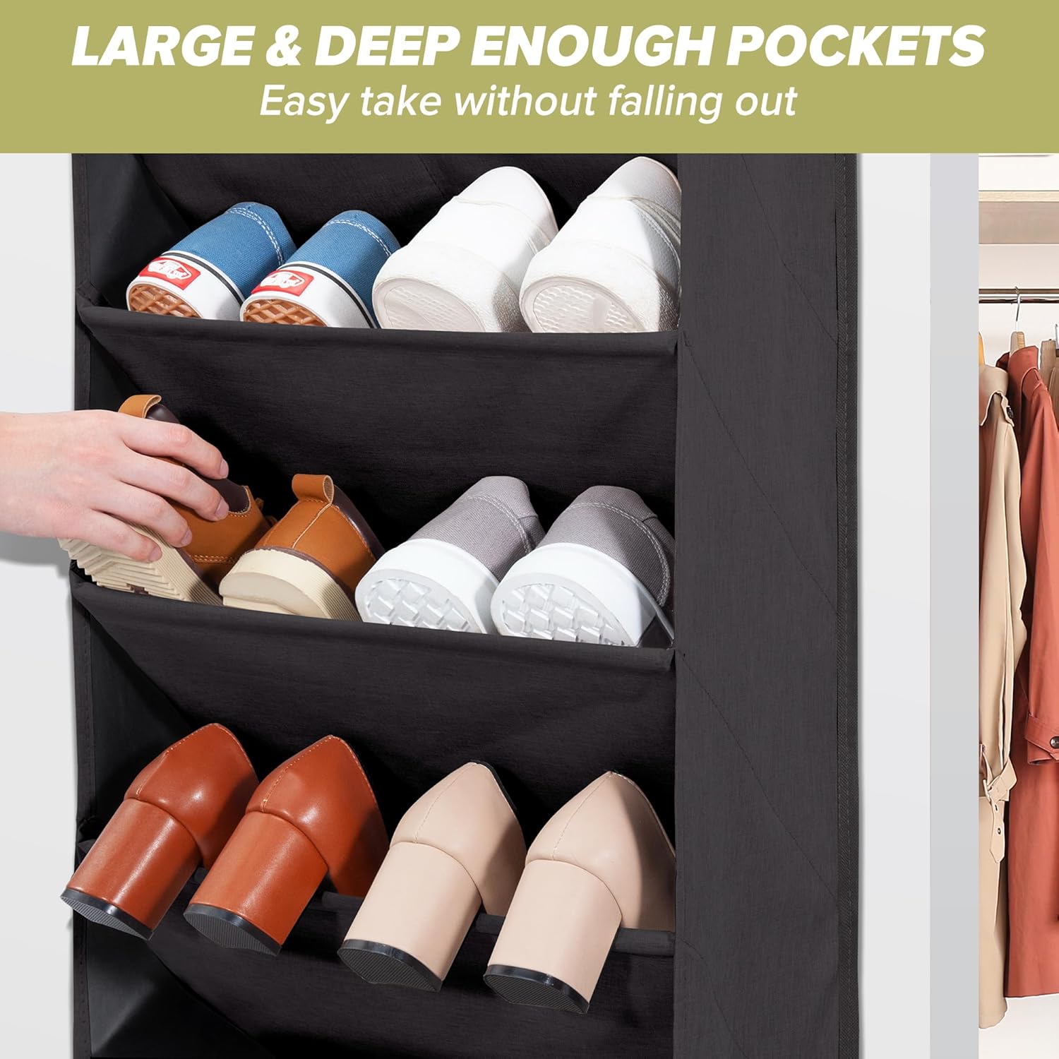 2 Pack Shoe Organizer with 6 Extra Large Pockets and 4 Large Pocket, Over the Door Sturdy Closet Storage Rack, Hanging Shoe Organizer for Shoes, Sneakers, Black
